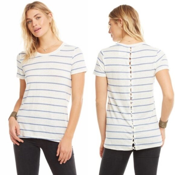 CHASER Stripe Lace-Up Back Linen Jersey T-Shirt Hi-Lo Beachy Top M Revolve NWT - Picture 1 of 5